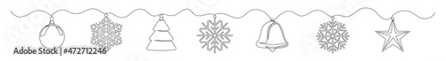 Continuous line of Christmas elements of ball, snowflakes, tree, bell and star. Concept theme Merry Christmas and Happy New Year. Vector illustration