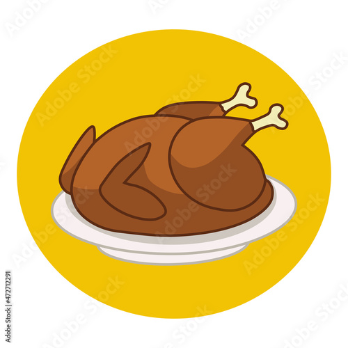 Roasted bird on a platter. Fried poultry sign. Food for gala dinner. Vector illustration in cartoon style isolated on white background