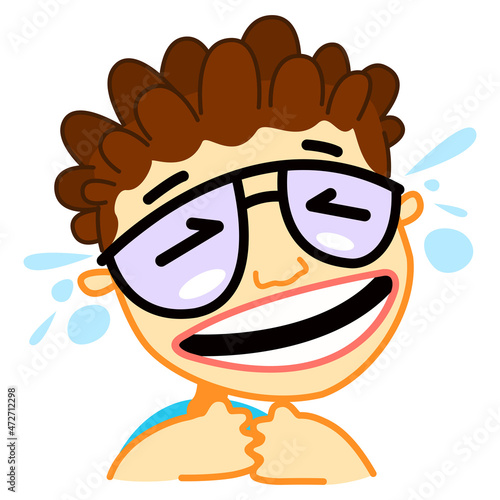 Curly-haired boy laughing to tears in glasses on a white background. Stock illustration of hysterical laughing student. Lol