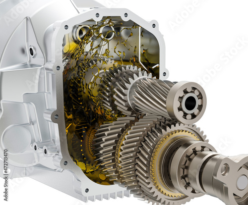 the mechanism of the gearbox with oil inside. Car transmission with oil for lubrication. Gearbox cross section.