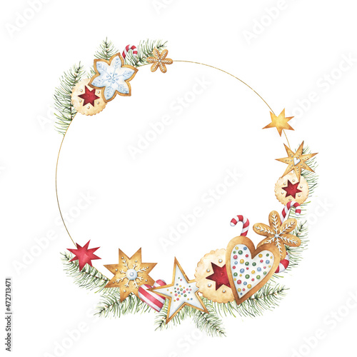 White and golden text plate decorated with watercolor gingerbread cookies and pine branches clipart, new year graphics, greeting card, premade design, festive season illustration
