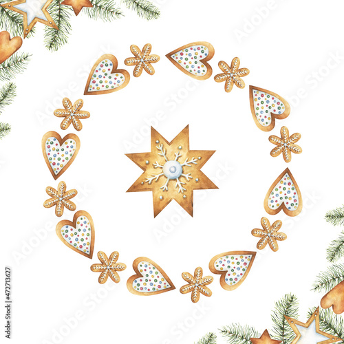 New Year and Christmas themed watercolor gingerbread cookies wreath with heart, star and snowflake biscuits on white background with pine branches and cookies winter holidays clipart