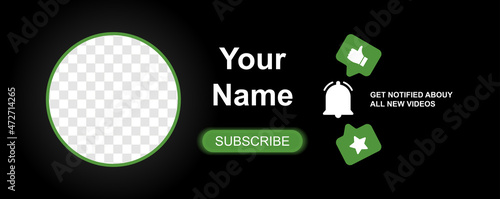 Concept of channel cover. Graphic elements for video bloggers, design of your website or page. Black background with transparent circle cutout for profile picture. Cartoon flat vector illustration