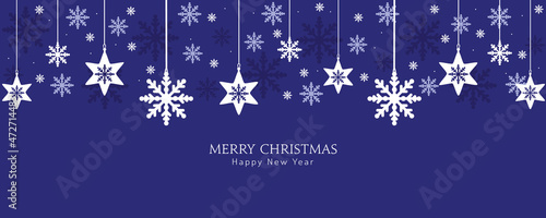 Xmas banner with hanging snowflakes and falling blue flakes. Vector design of winter holiday background. Merry Christmas greeting card.