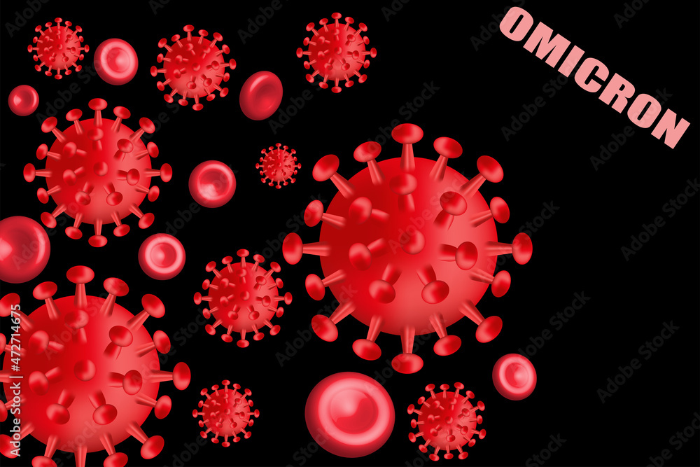 Variant of Covid-19 B.1.1.529: Omicron, Coronavirus on black background. Variant of Covid-19 B.1.1.529: Omicron, Coronavirus on black background.