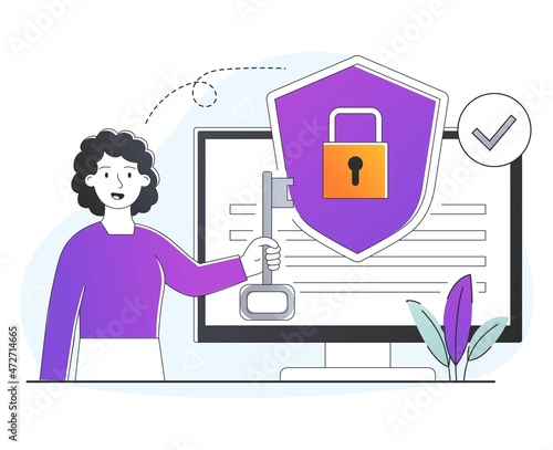 Concept of privacy policy. Girl stands with key in front of shield. Protection of personal information, security on Internet. Computer data, desktop or laptop. Cartoon flat vector illustration
