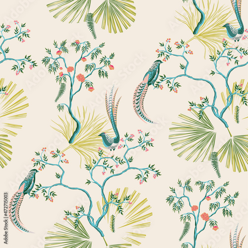 Vintage garden tree, bird, palm leaves floral seamless pattern light background. Chinoiserie wallpaper.