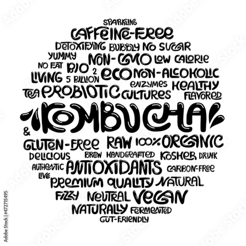 Kombucha tag, label, sign lettering - natural, raw, gluten-free, low sugar and calories, eko, bio, kosher, vegan, organic, delicious tea product. Labels for package design, web page, advertising. 