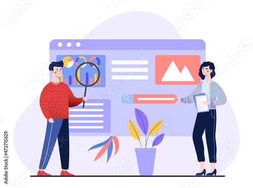 SEO analytics team. Employees evaluate effectiveness of website. Ranging pages. Experts look at article, check technical parameters of text and keywords, content. Cartoon flat vector illustration