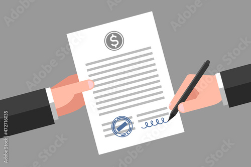 Signing of document with dollar sign, concept of loan agreement