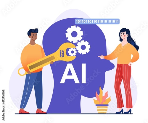 Concept of artifical intellengence. Man and girl looking at work. Optimization, automation. Programmers write code to get ai working, modern technology, robot. Cartoon flat vector illustration