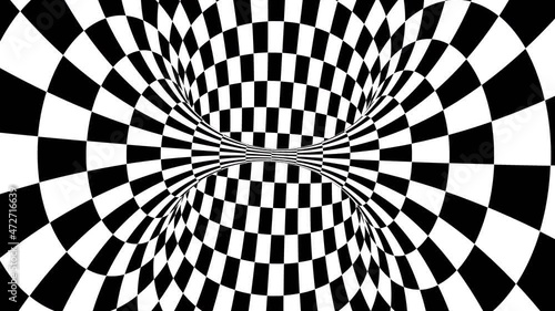 Optical illusion black and white chess spiral abstract illustration. 4K movie.
