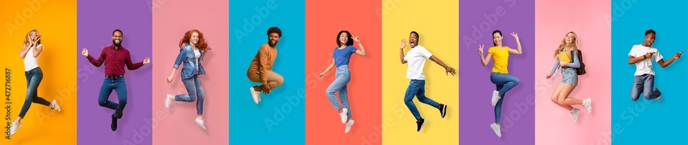 Full length of cheerful positive energy diverse millennial men, women jumping from success, emotions of victory - obrazy, fototapety, plakaty 
