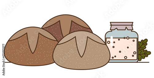 Sourdough bread and starter. Starter sourdough. The concept of a healthy diet. Loaf rye bread and sourdough on whole grain flour in glass jar on table, yeast-free leaven starter for organic bread