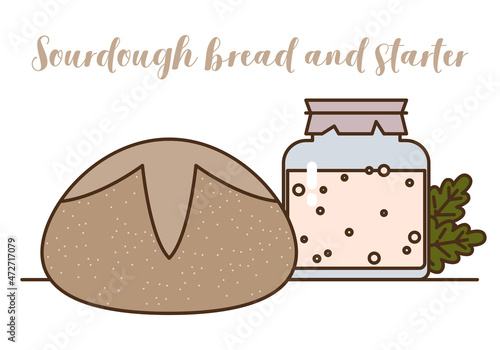 Sourdough bread and starter. Starter sourdough. The concept of a healthy diet. Loaf rye bread and sourdough on whole grain flour in glass jar on table, yeast-free leaven starter for organic bread