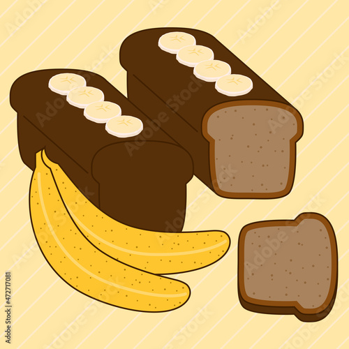 Banana Bread, Vegan Food, Banana, Cake. Bakery product banana bread with bananas flat vector illustration