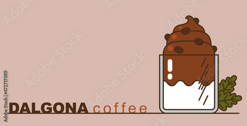 Dalgona coffee, Dalgona chocolate milk, Dalgona Coffee Latte. Instant coffee. Trendy whipped coffee vector illustration with copy space. Social media food trend