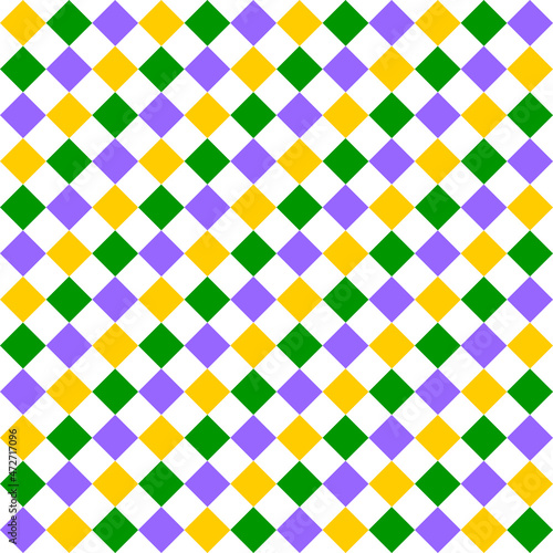 Green, purple, yellow grid Mardi Gras seamless vector pattern. Green, purple, yellow background for celebration