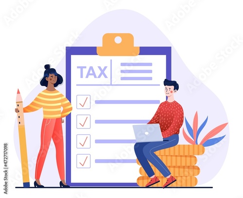 Filling taxes by yourself. Man and girl themselves write information into document. Employees with pencil indicate companys income. Family budget, paper sheets. Cartoon flat vector illustration