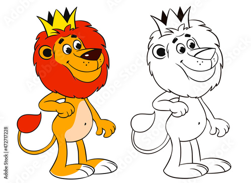 children's game coloring leo clipart set. set of two lions colored and black and white on a white background.