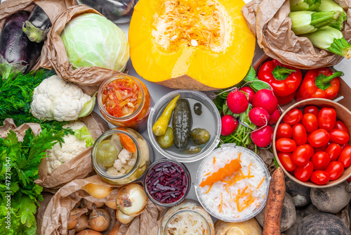 Homemade fermented in glass jars, pickled food healthy vegetables, fruit harvest. Winter fermented and canning superfood concept. Probiotics, enzymes, nutritiion veggy preservation. Selective focus