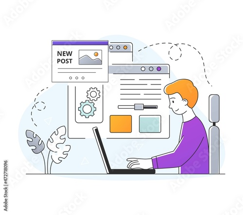 Concept of copy optimization. Man increases page loading speed. Copywriter inserts keywords into article, character writes tags for images and other website elements. Cartoon flat vector illustration