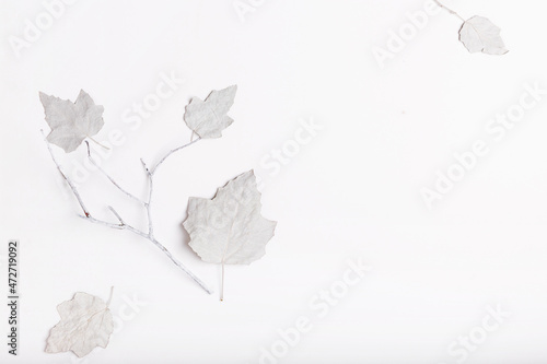 Minimalist Christmas composition in bright colors made of white dry leaves and berries on white background. Christmas  winter  new year concept.