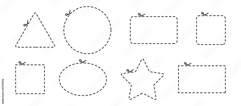 Set of Scissors and coupon, cut template and dashed line. Black icons. Gift Coupon element template, graphics design. Voucher promo code. Shopping, food and drink, business. Vector illustration Set of Scissors and coupon, cut template and dashed line. Black icons. Gift Coupon element template, graphics design. Voucher promo code. Shopping, food and drink, business. Vector illustration