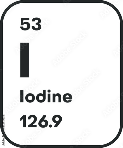 Symbol of chemical element Iodine as seen on the Periodic Table of the Elements, including atomic number and atomic weight. Vector illustration