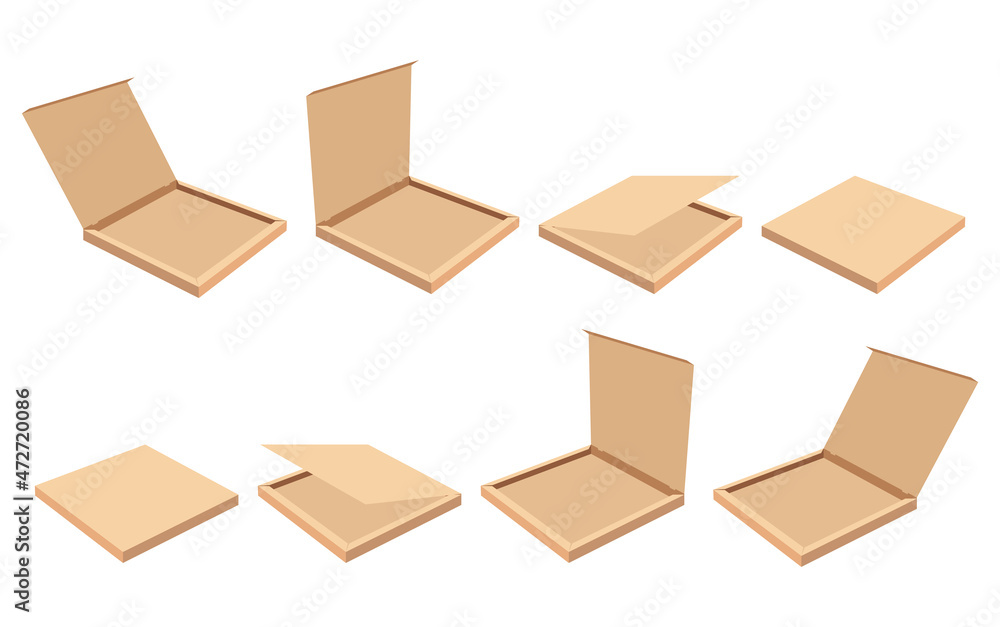 Pizza packaging. Pizzas box with open cap, empty package boxes and delivery packages mockup 3d isolated vector illustration set Pizza packaging. Pizzas box with open cap, empty package boxes and delivery packages mockup 3d isolated vector illustration set