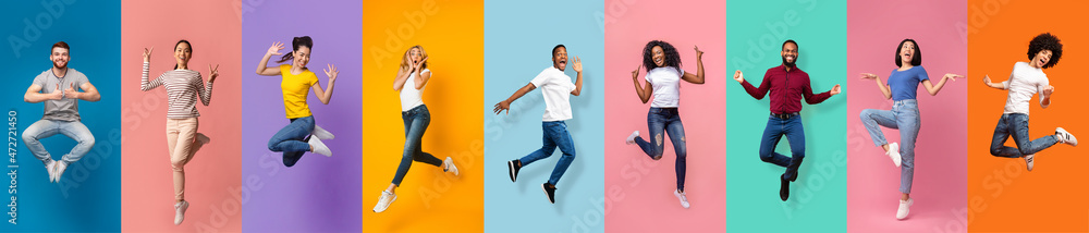 Satisfied happy excited international young people jumping, have fun and flying in air - obrazy, fototapety, plakaty 