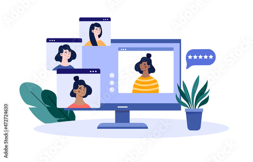 Virtual conference concept. Employees communicate via Internet, board meeting, modern technology. Remote employees solve problems, brainstorm, common project. Cartoon flat vector illustration