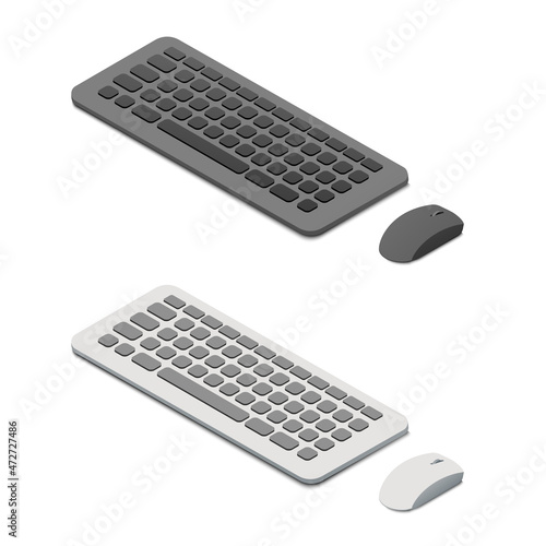 Computer keyboard and mouse. Isometric colored vector illustration. Isolated on white background.