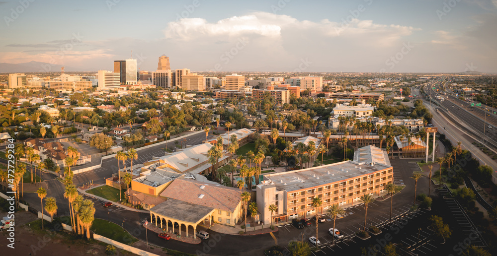Hotel Tucson with skyline in distance, aerial.