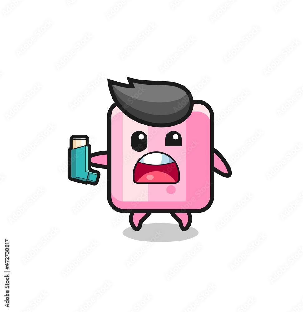 marshmallow mascot having asthma while holding the inhaler.