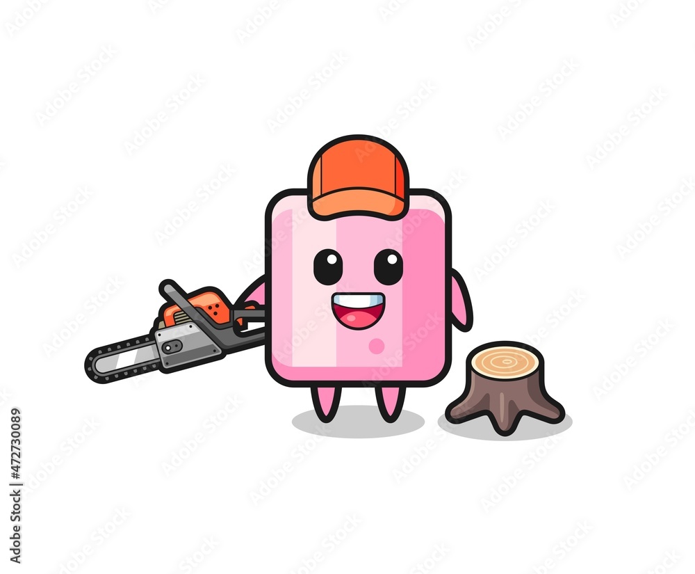 Fototapeta premium marshmallow lumberjack character holding a chainsaw.