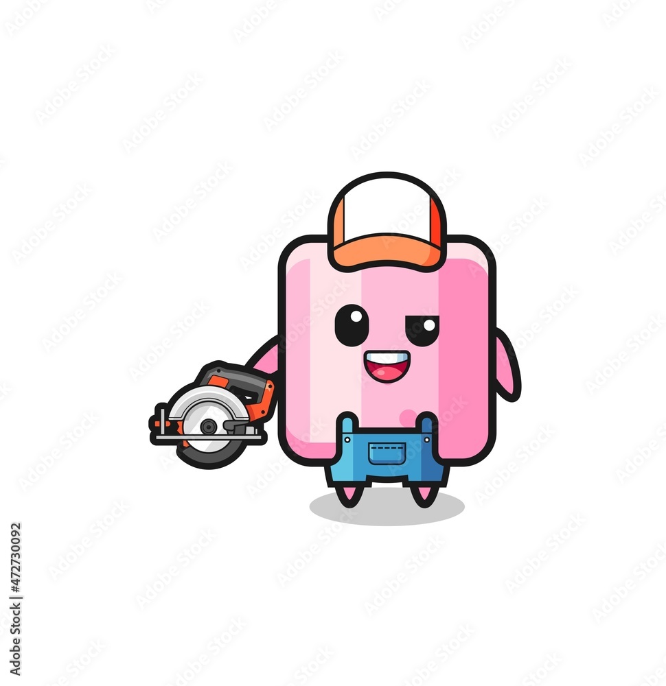 the woodworker marshmallow mascot holding a circular saw. the woodworker marshmallow mascot holding a circular saw.