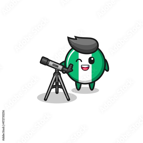nigeria flag astronomer mascot with a modern telescope.