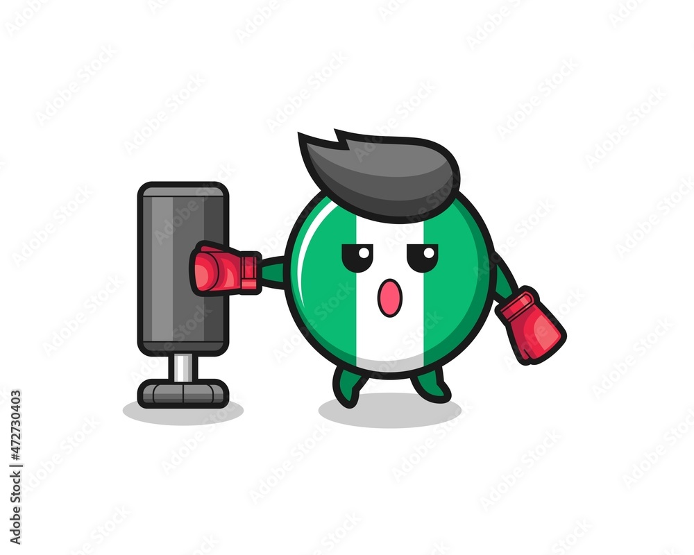nigeria flag boxer cartoon doing training with punching bag. nigeria flag boxer cartoon doing training with punching bag.