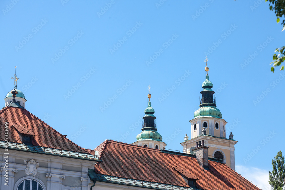 Selective blur on the clocktower of the Ljubljana cathedral with its typical austro hungarian baroque architecture. Also called Katedrala Ljubljana, it's the main catholic landmark...