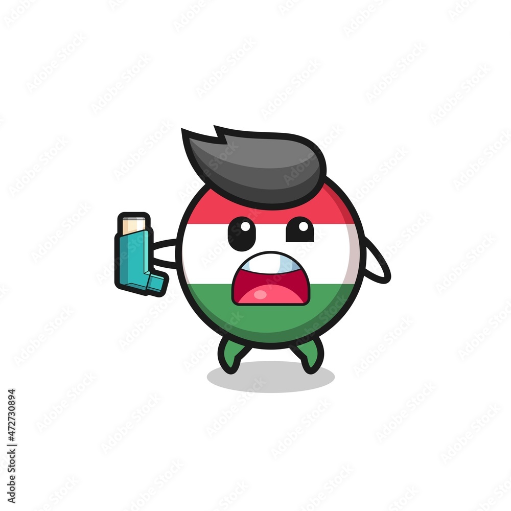 hungary flag mascot having asthma while holding the inhaler.