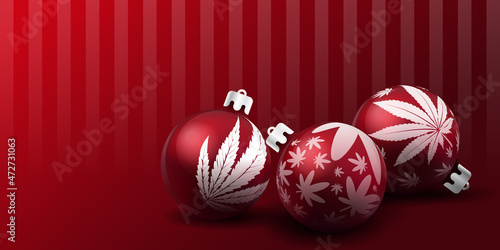 Set of red Christmas balls with cannabis icons on them. Realistic, glassy new year ball toys with marihuana silhouettes. Banner with empty space for copy text. Striped rich background.