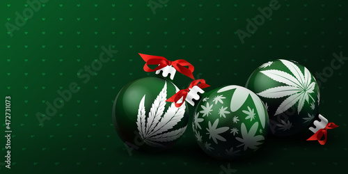 Green Christmas balls with cannabis icons on them and with red ribbons. Realistic, glassy new year ball toys with marihuana silhouettes. Banner with empty space for copy text. Heart pattern background
