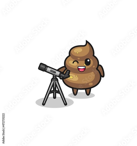 poop astronomer mascot with a modern telescope