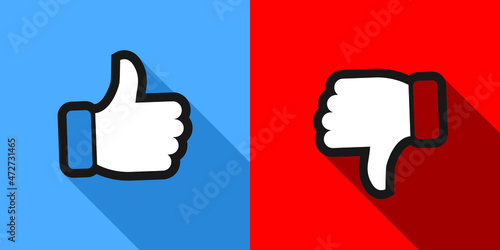Thumb up and down red and green icons. Vector illustration. I like and dislike background in flat design.