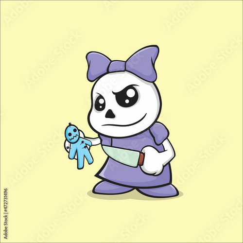Skull girl in dress and bow tie with voodoo doll and knife in cartoon style.