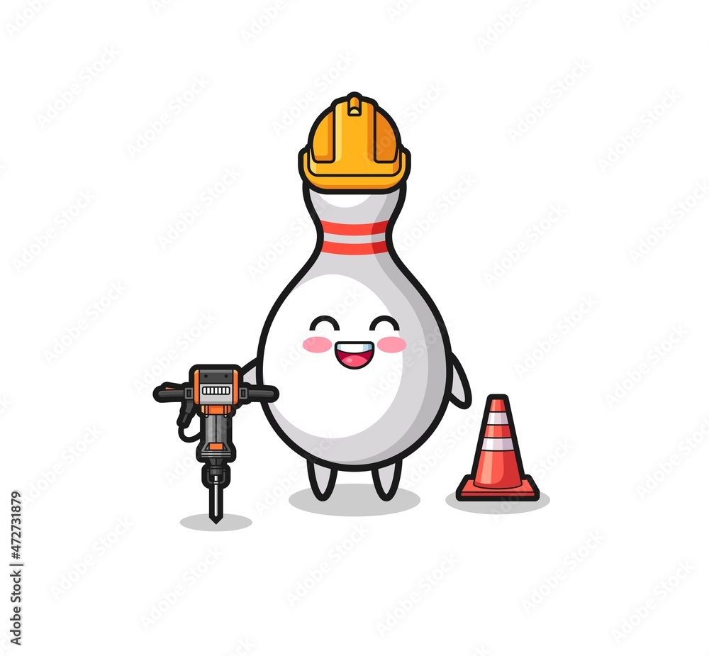 road worker mascot of bowling pin holding drill machine