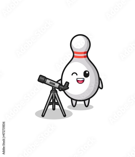 bowling pin astronomer mascot with a modern telescope