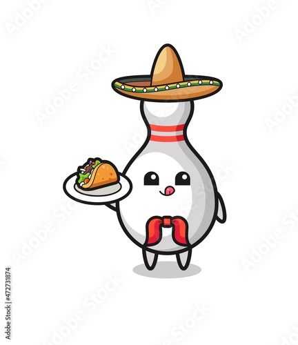 bowling pin Mexican chef mascot holding a taco