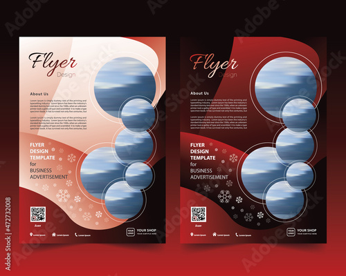 Christmas flyer pamphlet brochure cover design layout with spaces for photos in the background. Red color editable vector illustration templates set in A4 size.